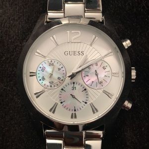 Guess Silver-Tone Mother of Pearl Watch